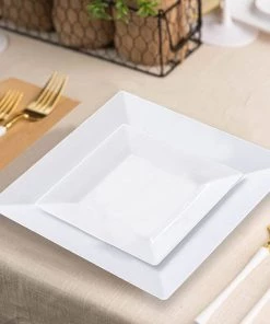 HIER_5443 Disposable Dinnerware 10 Pack - 6" Square Plastic Disposable Salad Dessert Appetizer Plates - White With Glossy Finish