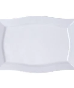 HIER_5442 10 Pack- 12" White Plastic Disposable Rectangular Serving Trays Plates - With Glossy Finish & Wave Trimmed Rim Disposable Dinnerware