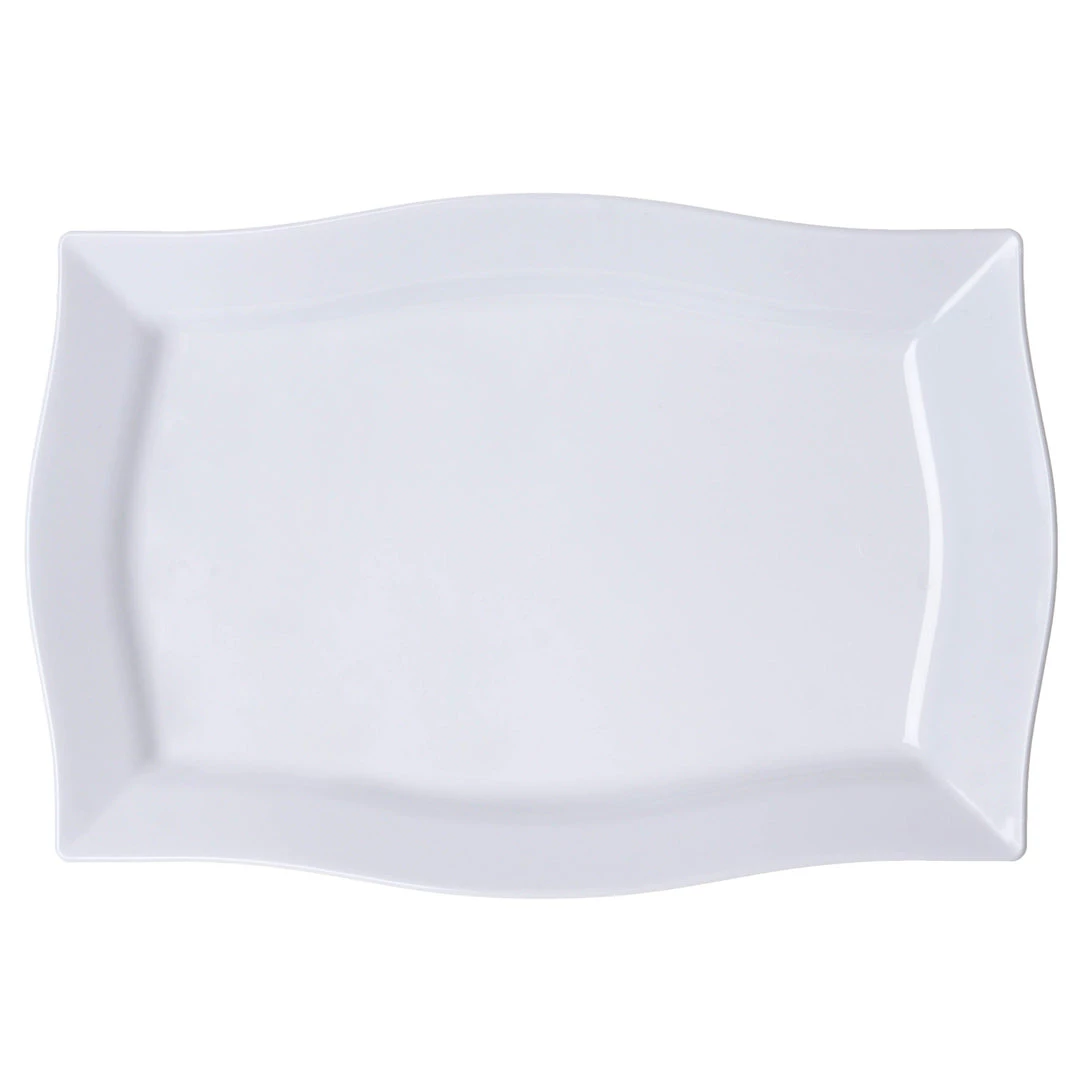 HIER_5442 10 Pack- 12" White Plastic Disposable Rectangular Serving Trays Plates - With Glossy Finish & Wave Trimmed Rim Disposable Dinnerware 2 HIER_5442 10 Pack- 12" White Plastic Disposable Rectangular Serving Trays Plates - With Glossy Finish & Wave Trimmed Rim Disposable Dinnerware