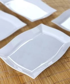 HIER_5442 10 Pack- 12" White Plastic Disposable Rectangular Serving Trays Plates - With Glossy Finish & Wave Trimmed Rim Disposable Dinnerware