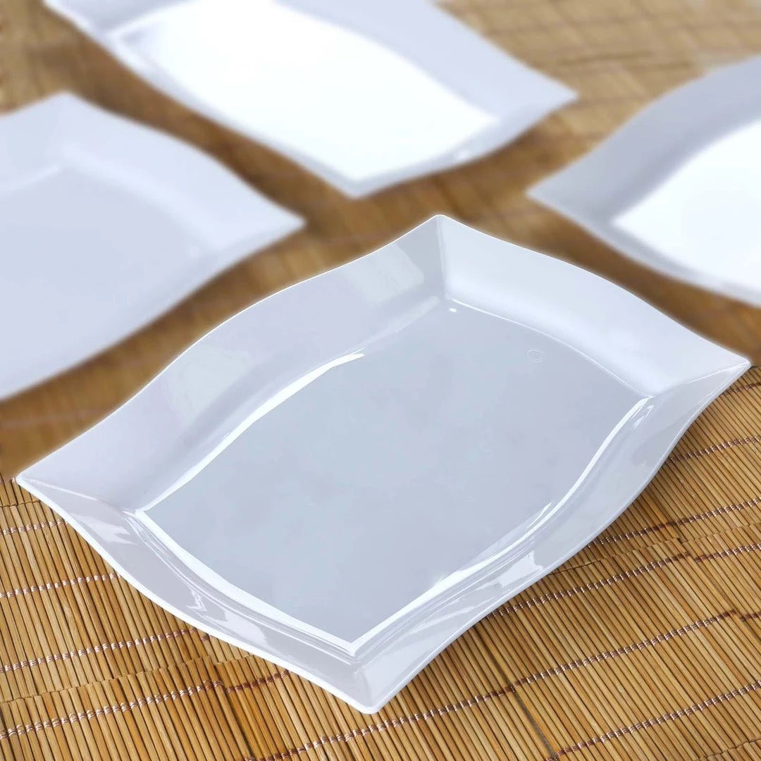 HIER_5442 10 Pack- 12" White Plastic Disposable Rectangular Serving Trays Plates - With Glossy Finish & Wave Trimmed Rim Disposable Dinnerware 1 HIER_5442 10 Pack- 12" White Plastic Disposable Rectangular Serving Trays Plates - With Glossy Finish & Wave Trimmed Rim Disposable Dinnerware