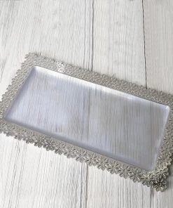 HIER_5442 4 Pack | 16" Silver Floral Edge Clear Plastic Disposable Serving Tray - Clearance SALE