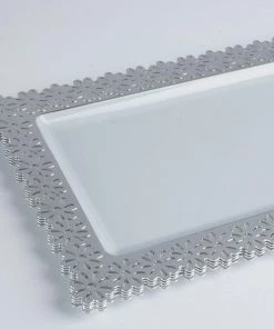 HIER_5442 4 Pack | 16" Silver Floral Edge Clear Plastic Disposable Serving Tray - Clearance SALE