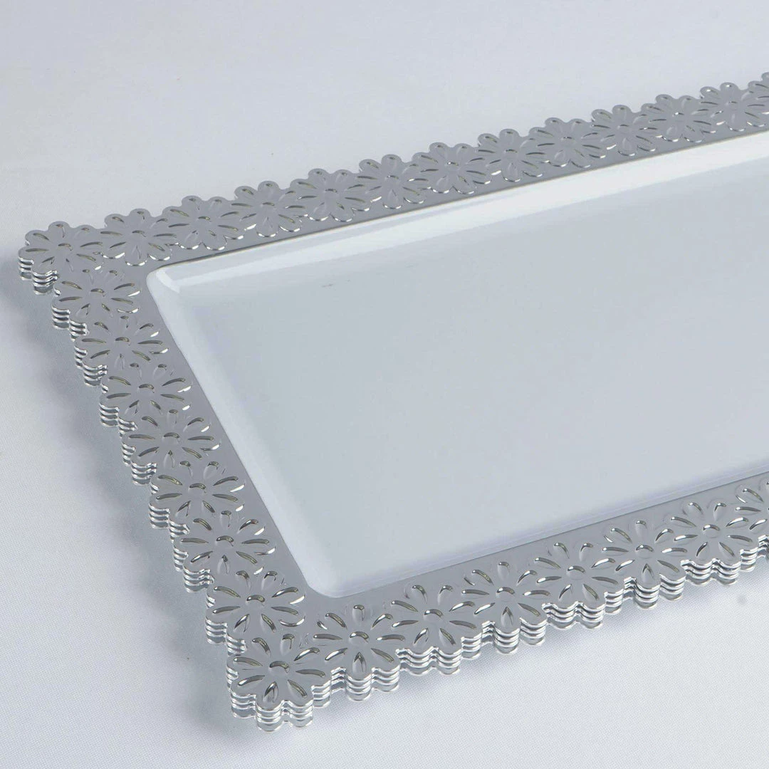 HIER_5442 4 Pack | 16" Silver Floral Edge Clear Plastic Disposable Serving Tray - Clearance SALE 2 HIER_5442 4 Pack | 16" Silver Floral Edge Clear Plastic Disposable Serving Tray - Clearance SALE