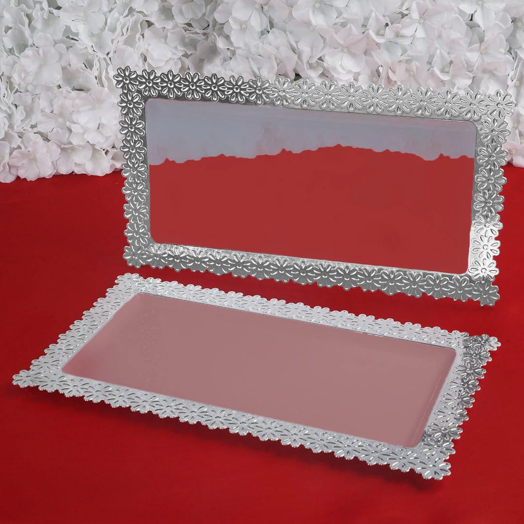 HIER_5442 4 Pack | 16" Silver Floral Edge Clear Plastic Disposable Serving Tray - Clearance SALE 6 HIER_5442 4 Pack | 16" Silver Floral Edge Clear Plastic Disposable Serving Tray - Clearance SALE