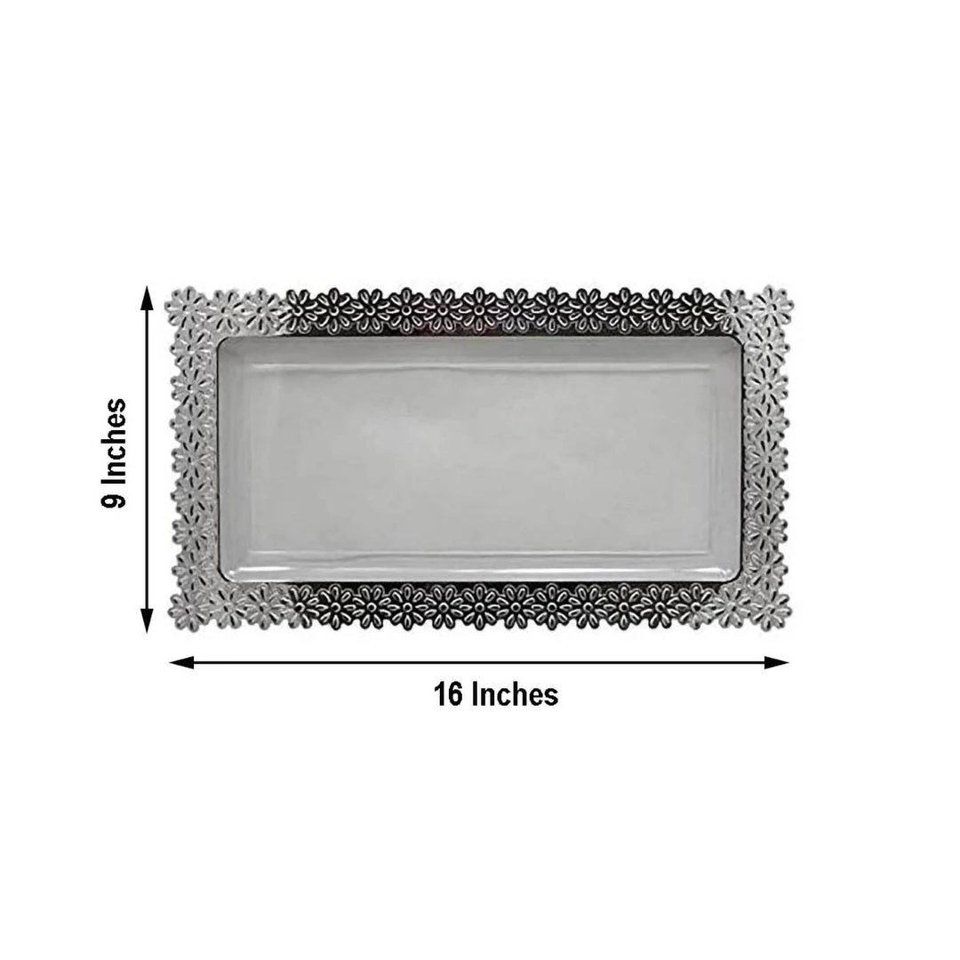 HIER_5442 4 Pack | 16" Silver Floral Edge Clear Plastic Disposable Serving Tray - Clearance SALE 3 HIER_5442 4 Pack | 16" Silver Floral Edge Clear Plastic Disposable Serving Tray - Clearance SALE