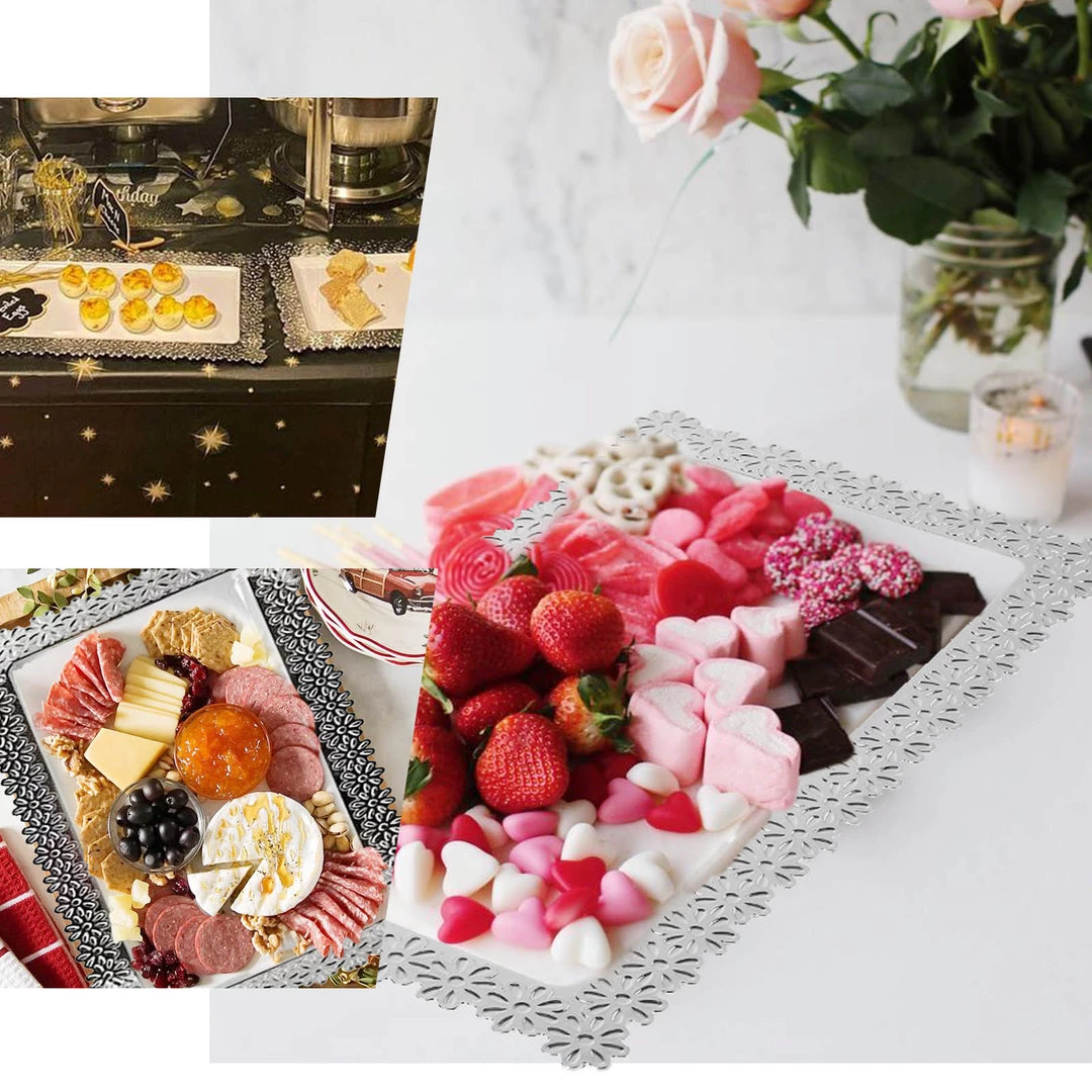 HIER_5442 4 Pack | 16" Silver Floral Edge Clear Plastic Disposable Serving Tray - Clearance SALE 5 HIER_5442 4 Pack | 16" Silver Floral Edge Clear Plastic Disposable Serving Tray - Clearance SALE