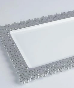 HIER_5410 Disposable Dinnerware 4 Pack | 16" Silver Floral Edge White Plastic Disposable Serving Tray