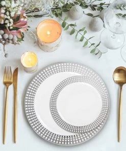 HIER_5441 10 Pack - 8" White Plastic Disposable Salad Dessert Appetizer Plates, Round With Silver Hot Stamped Checkered Rim Disposable Dinnerware