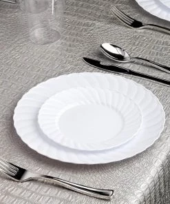 HIER_5441 Disposable Dinnerware 12 Pack - 6" White Flared Plastic Disposable Salad Dessert Plates Round Appetizer Plates With Swirl Rim & Glossy Finish