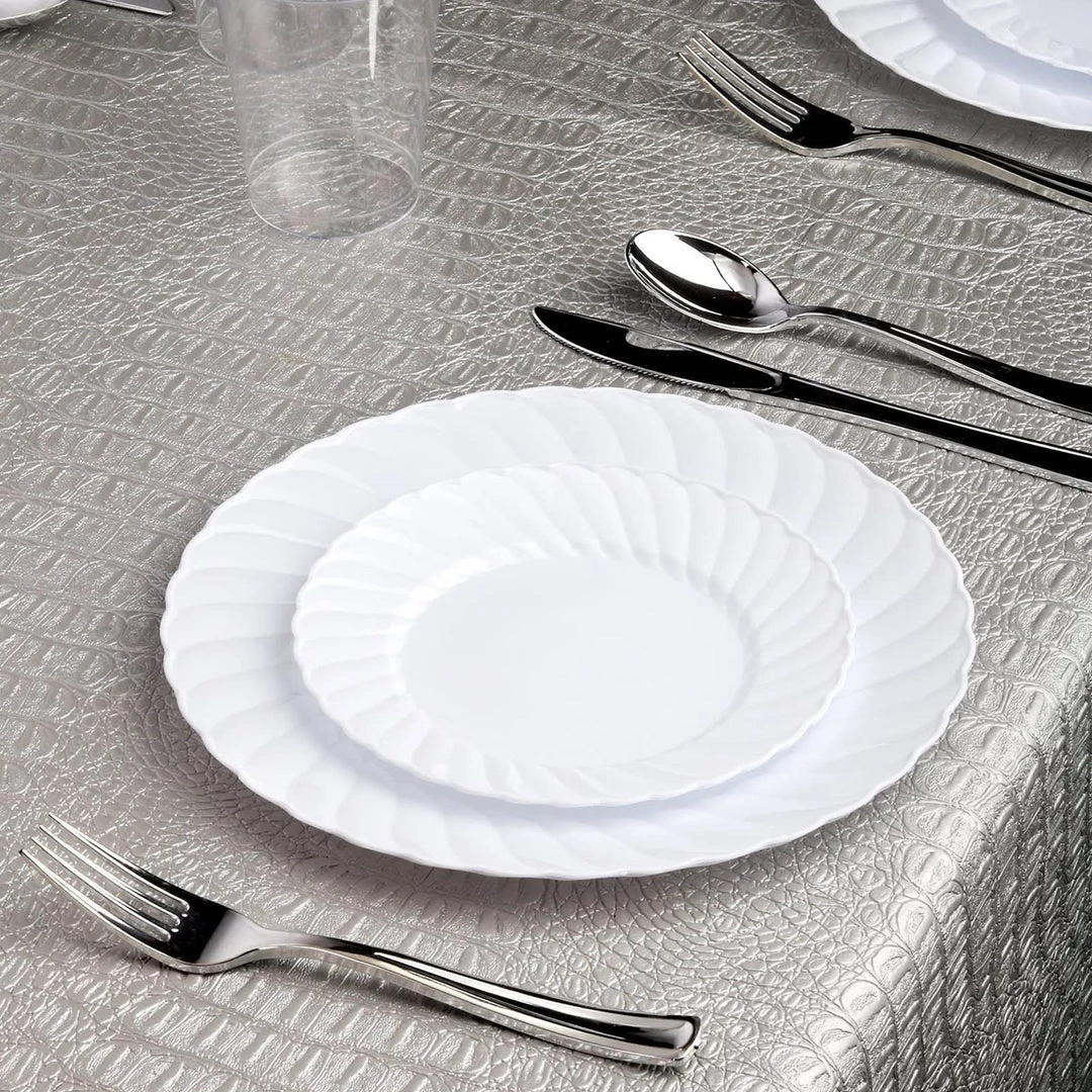 HIER_5441 Disposable Dinnerware 12 Pack - 6" White Flared Plastic Disposable Salad Dessert Plates Round Appetizer Plates With Swirl Rim & Glossy Finish 1 HIER_5441 Disposable Dinnerware 12 Pack - 6" White Flared Plastic Disposable Salad Dessert Plates Round Appetizer Plates With Swirl Rim & Glossy Finish