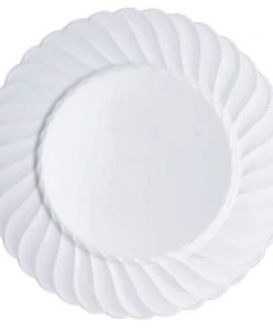 HIER_5441 Disposable Dinnerware 12 Pack - 6" White Flared Plastic Disposable Salad Dessert Plates Round Appetizer Plates With Swirl Rim & Glossy Finish 20 HIER_5441 Disposable Dinnerware 12 Pack - 6
