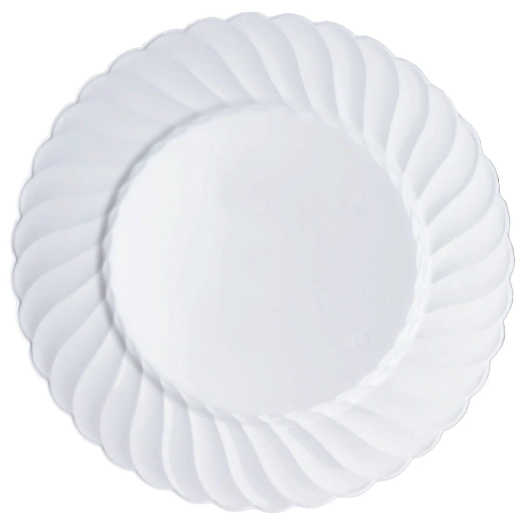 HIER_5441 Disposable Dinnerware 12 Pack - 6" White Flared Plastic Disposable Salad Dessert Plates Round Appetizer Plates With Swirl Rim & Glossy Finish 10 HIER_5441 Disposable Dinnerware 12 Pack - 6" White Flared Plastic Disposable Salad Dessert Plates Round Appetizer Plates With Swirl Rim & Glossy Finish
