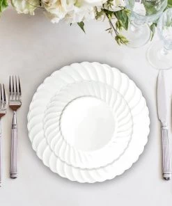 HIER_5441 Disposable Dinnerware 12 Pack - 6" White Flared Plastic Disposable Salad Dessert Plates Round Appetizer Plates With Swirl Rim & Glossy Finish 13 HIER_5441 Disposable Dinnerware 12 Pack - 6