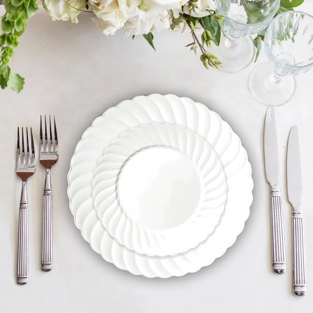 HIER_5441 Disposable Dinnerware 12 Pack - 6" White Flared Plastic Disposable Salad Dessert Plates Round Appetizer Plates With Swirl Rim & Glossy Finish 3 HIER_5441 Disposable Dinnerware 12 Pack - 6" White Flared Plastic Disposable Salad Dessert Plates Round Appetizer Plates With Swirl Rim & Glossy Finish