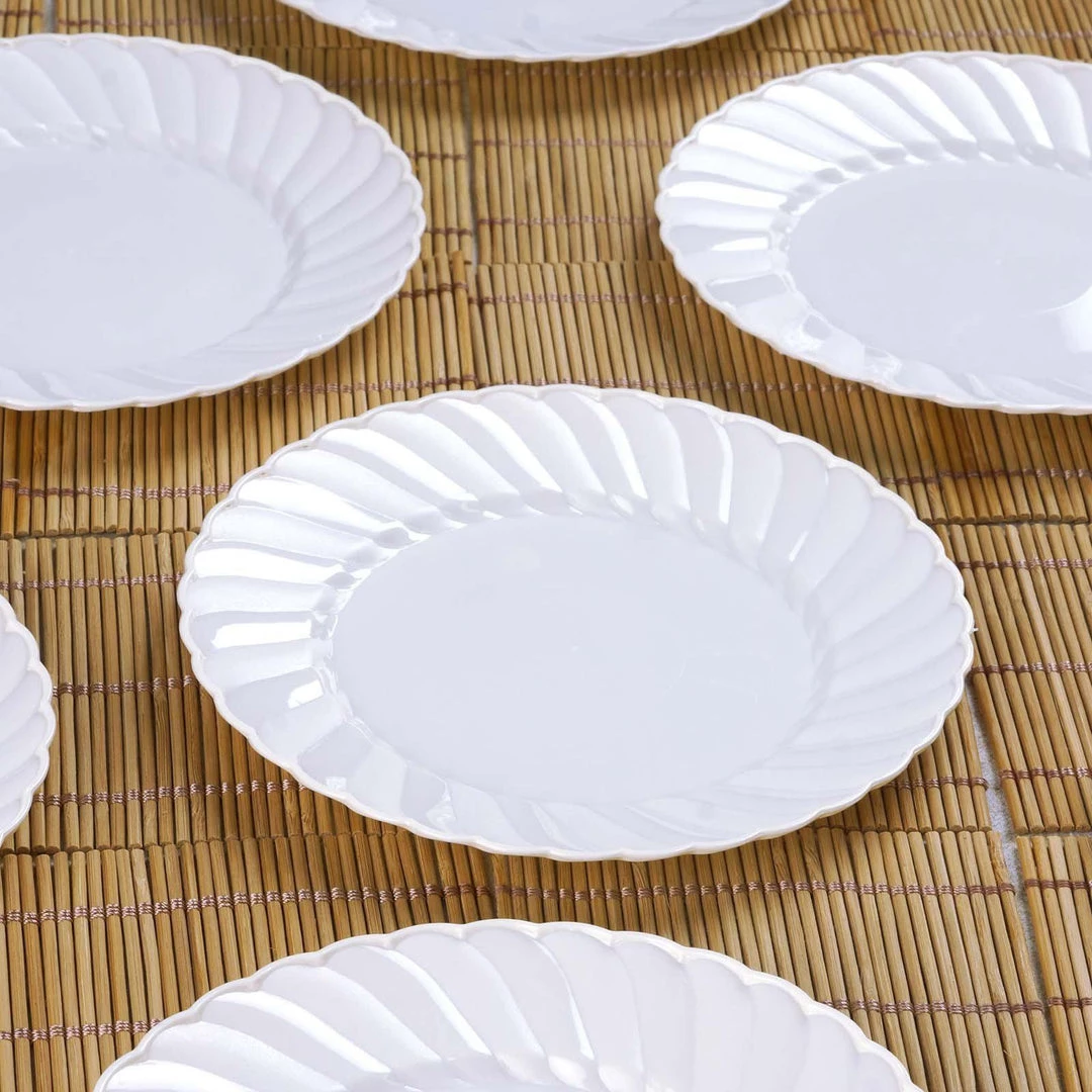 HIER_5441 Disposable Dinnerware 12 Pack - 6" White Flared Plastic Disposable Salad Dessert Plates Round Appetizer Plates With Swirl Rim & Glossy Finish 7 HIER_5441 Disposable Dinnerware 12 Pack - 6" White Flared Plastic Disposable Salad Dessert Plates Round Appetizer Plates With Swirl Rim & Glossy Finish