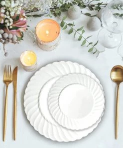 HIER_5441 Disposable Dinnerware 12 Pack - 6" White Flared Plastic Disposable Salad Dessert Plates Round Appetizer Plates With Swirl Rim & Glossy Finish