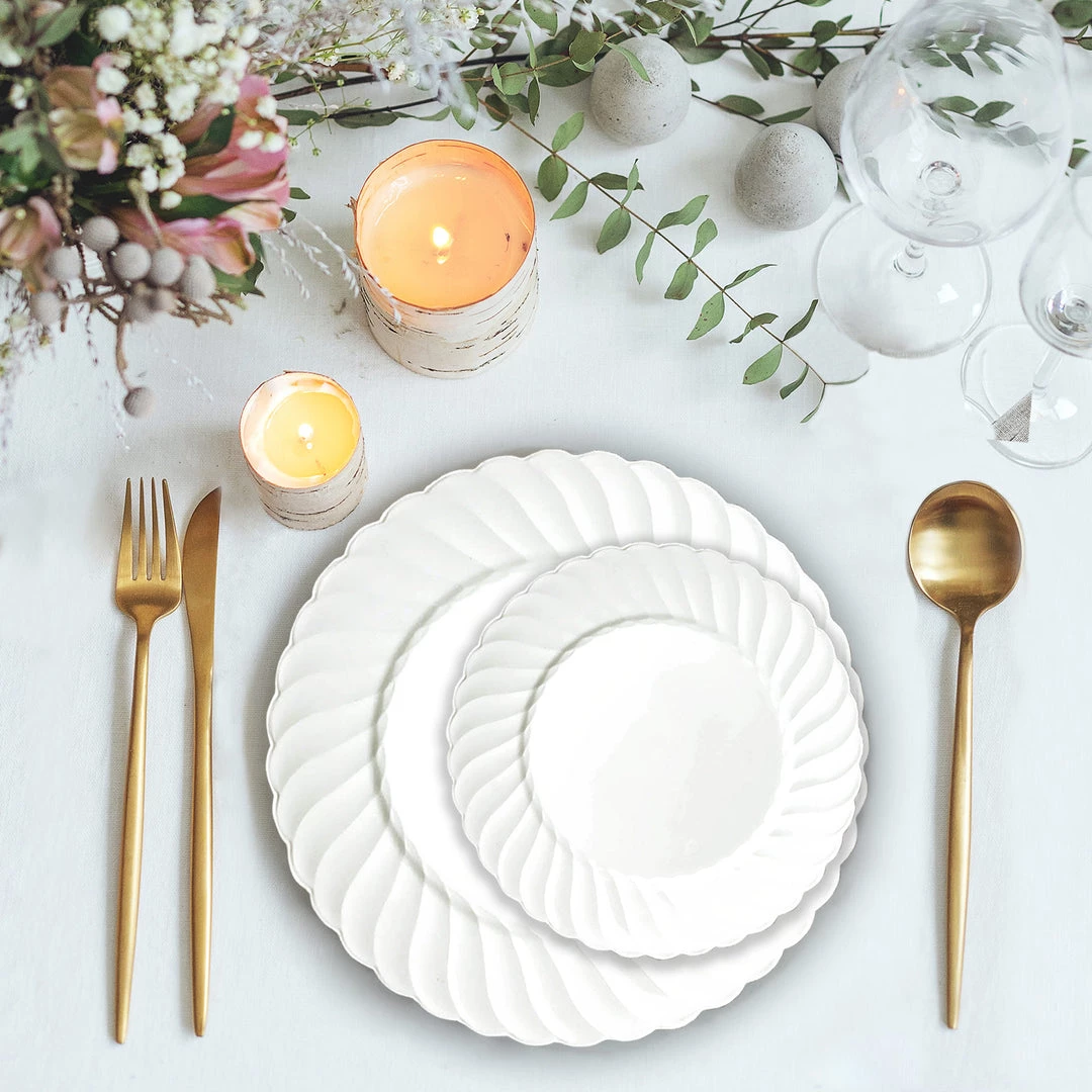 HIER_5441 Disposable Dinnerware 12 Pack - 6" White Flared Plastic Disposable Salad Dessert Plates Round Appetizer Plates With Swirl Rim & Glossy Finish 2 HIER_5441 Disposable Dinnerware 12 Pack - 6" White Flared Plastic Disposable Salad Dessert Plates Round Appetizer Plates With Swirl Rim & Glossy Finish