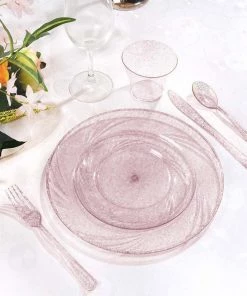 HIER_5441 12 Pack - 9" Blush/Rose Gold Glitter Plastic Disposable Dinner Plates Round With Shiny Blush Rim