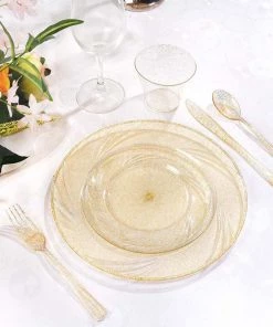 HIER_5441 12 Pack - 9" Gold Glitter Plastic Disposable Dinner Plates Round With Shiny Gold Rim Disposable Dinnerware