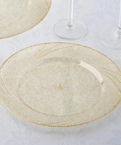 HIER_5441 12 Pack - 9" Gold Glitter Plastic Disposable Dinner Plates Round With Shiny Gold Rim Disposable Dinnerware