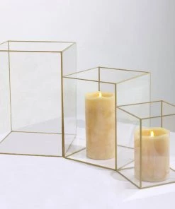 HIER_4810 Chargers & Centerpieces Set Of 3 | Clear Acrylic Pillar Candle Holders With Gold Rims Centerpiece Decor Floral Display DIY Boxes Cuboid Jars