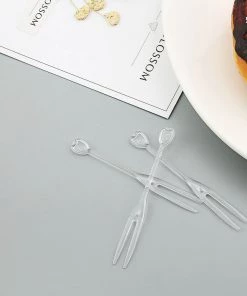 HIER_5460 Disposable Dinnerware 100 Pack - 3" Clear Plastic 2 Prong Fruit Forks, Disposable Cocktail Picks