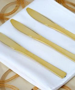 HIER_5460 Disposable Dinnerware 25 Pack - 7" Metallic Gold Heavy Duty Plastic Knives Plastic Utensils