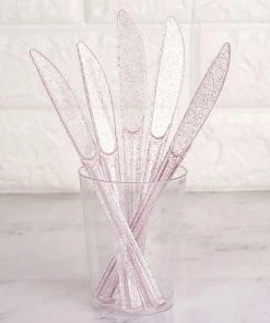 HIER_5460 25 Pack - 7" Clear Blush Glittered Heavy Duty Plastic Knives, Utensils - Sparkly Rose Gold