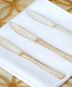 HIER_5460 25 Pack - 7" Clear Gold Glittered Heavy Duty Plastic Knife Utensils Disposable Dinnerware