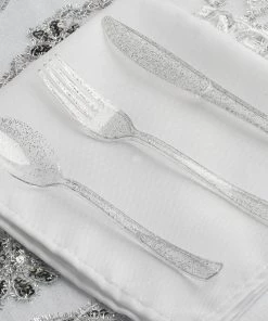 HIER_5460 Disposable Dinnerware 25 Pack | 7" Silver Glitter Heavy Duty Plastic Knife | Plastic Utensils