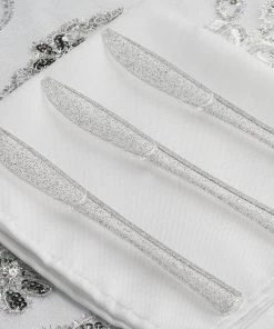 HIER_5460 Disposable Dinnerware 25 Pack | 7" Silver Glitter Heavy Duty Plastic Knife | Plastic Utensils