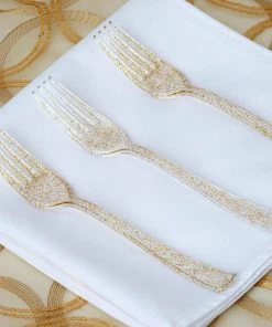 HIER_5460 25 Pack | 7" Gold Glitter Heavy Duty Plastic Forks | Plastic Utensils