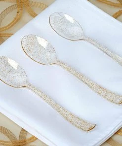 HIER_5460 25 Pack - 7" Clear Gold Glittered Heavy Duty Plastic Spoons, Utensils Disposable Dinnerware