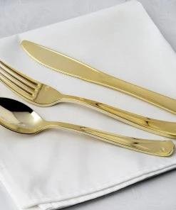 HIER_5460 24 Pack Metallic Gold Heavy Duty Plastic Silverware Set, Disposable Cutlery Utensil Set - 7" & 8" Disposable Dinnerware