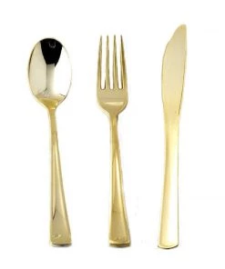 HIER_5460 24 Pack Metallic Gold Heavy Duty Plastic Silverware Set, Disposable Cutlery Utensil Set - 7