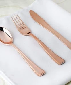 HIER_5460 30 Pack Metallic Rose Gold Heavy Duty Plastic Silverware Set, Disposable Blush Cutlery Utensil Set - 7" & 8"