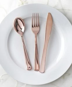 HIER_5460 30 Pack Metallic Rose Gold Heavy Duty Plastic Silverware Set, Disposable Blush Cutlery Utensil Set - 7" & 8"