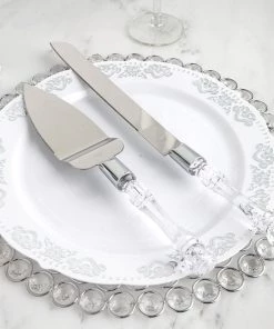 HIER_5320 Stainless Steel Knife & Server Set With Clear Acrylic Handle | Free Gift Box Chargers & Centerpieces