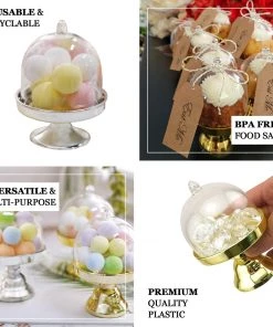HIER_5320 Disposable Dinnerware 12 Pack | 3" Gold Mini Pedestal Cupcake Stand, Favors/Candy Display Plate With Clear Dome Lid 19 HIER_5320 Disposable Dinnerware 12 Pack | 3