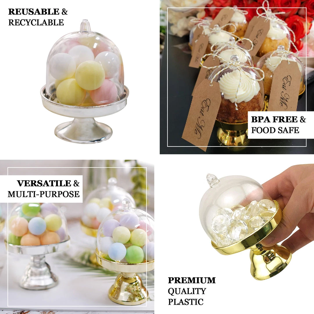 HIER_5320 Disposable Dinnerware 12 Pack | 3" Gold Mini Pedestal Cupcake Stand, Favors/Candy Display Plate With Clear Dome Lid 4 HIER_5320 Disposable Dinnerware 12 Pack | 3" Gold Mini Pedestal Cupcake Stand, Favors/Candy Display Plate With Clear Dome Lid