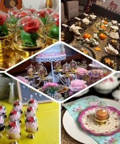 HIER_5320 Disposable Dinnerware 12 Pack | 3" Gold Mini Pedestal Cupcake Stand, Favors/Candy Display Plate With Clear Dome Lid 20 HIER_5320 Disposable Dinnerware 12 Pack | 3