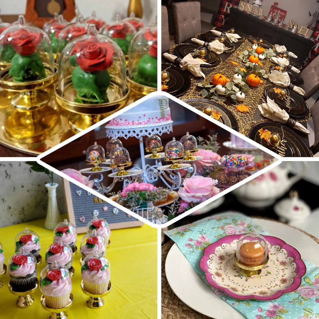 HIER_5320 Disposable Dinnerware 12 Pack | 3" Gold Mini Pedestal Cupcake Stand, Favors/Candy Display Plate With Clear Dome Lid 5 HIER_5320 Disposable Dinnerware 12 Pack | 3" Gold Mini Pedestal Cupcake Stand, Favors/Candy Display Plate With Clear Dome Lid