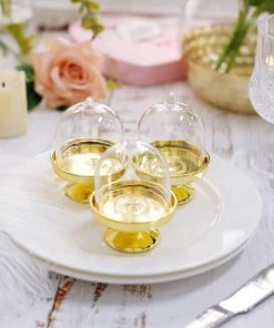 HIER_5320 Disposable Dinnerware 12 Pack | 3" Gold Mini Pedestal Cupcake Stand, Favors/Candy Display Plate With Clear Dome Lid 23 HIER_5320 Disposable Dinnerware 12 Pack | 3