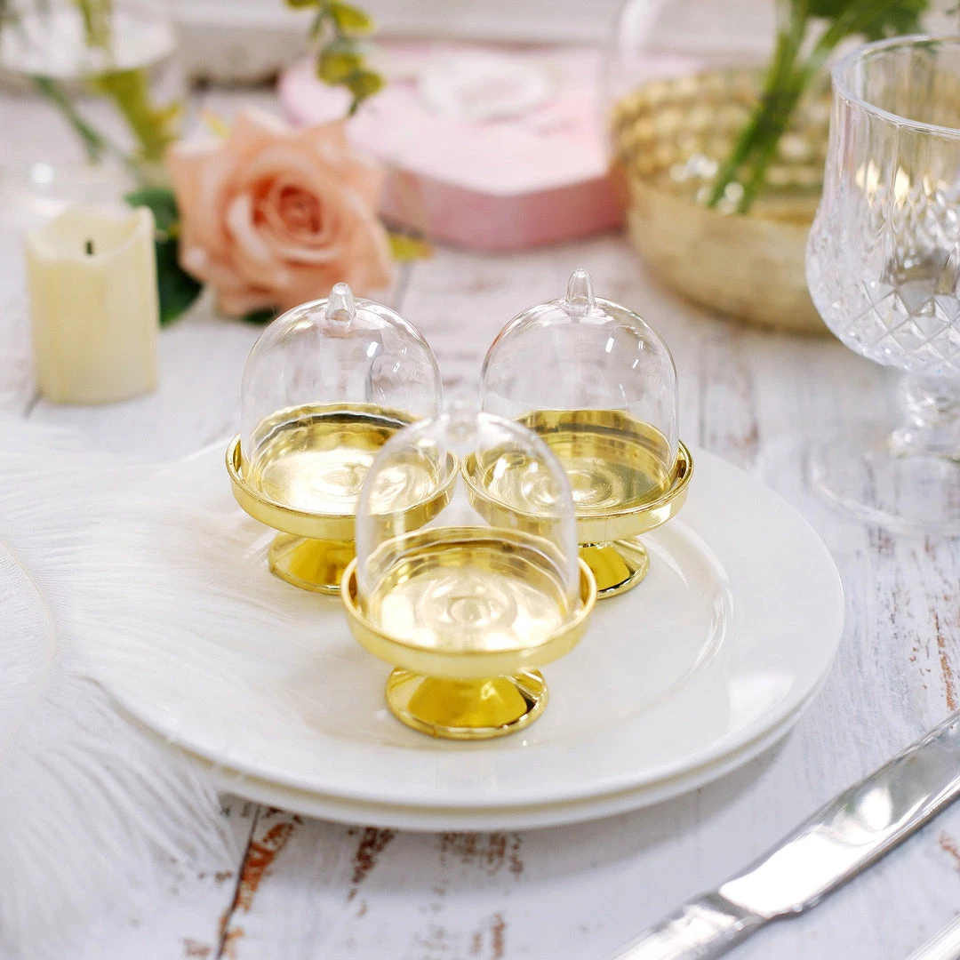 HIER_5320 Disposable Dinnerware 12 Pack | 3" Gold Mini Pedestal Cupcake Stand, Favors/Candy Display Plate With Clear Dome Lid 8 HIER_5320 Disposable Dinnerware 12 Pack | 3" Gold Mini Pedestal Cupcake Stand, Favors/Candy Display Plate With Clear Dome Lid