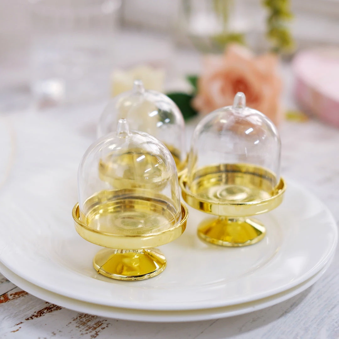 HIER_5320 Disposable Dinnerware 12 Pack | 3" Gold Mini Pedestal Cupcake Stand, Favors/Candy Display Plate With Clear Dome Lid 1 HIER_5320 Disposable Dinnerware 12 Pack | 3" Gold Mini Pedestal Cupcake Stand, Favors/Candy Display Plate With Clear Dome Lid