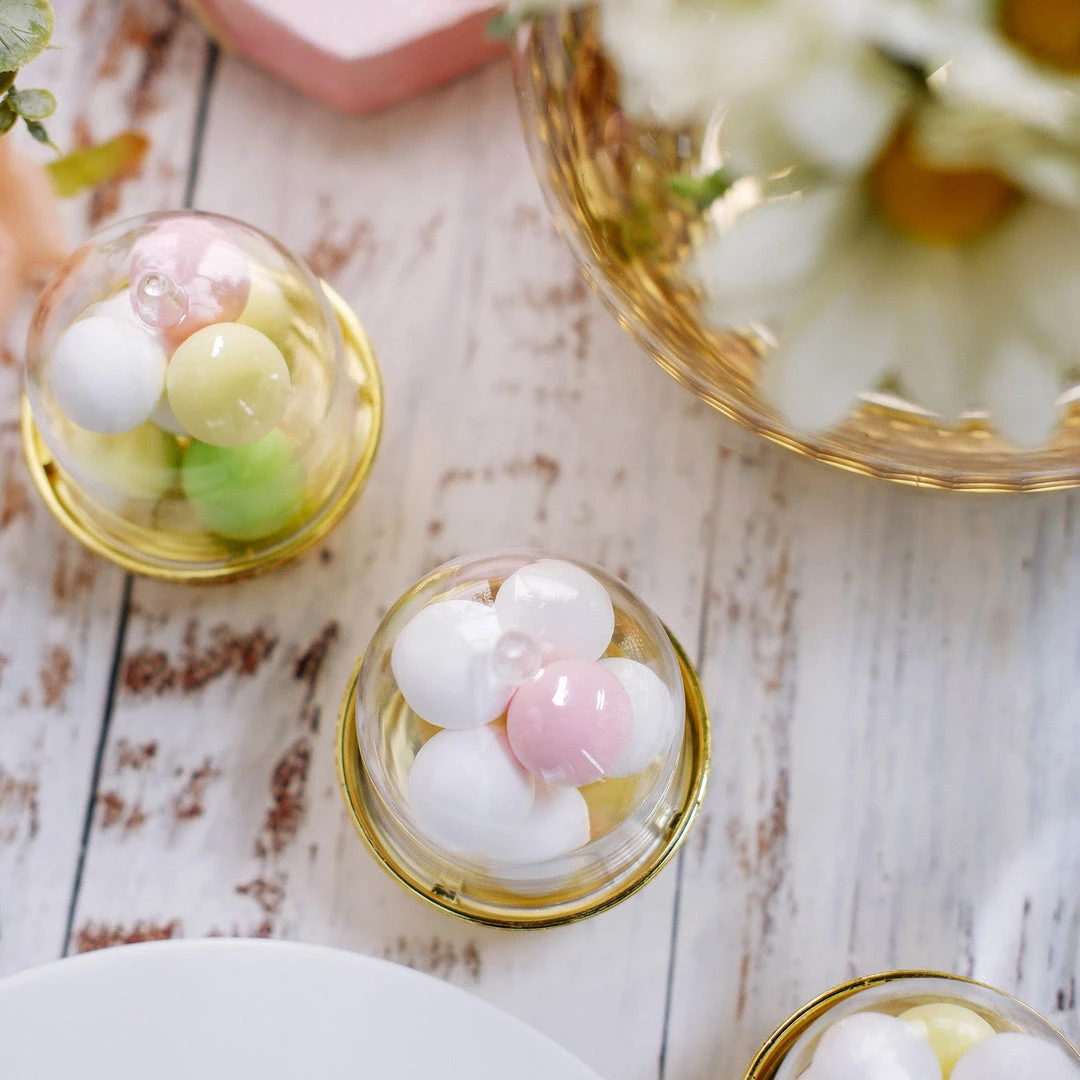 HIER_5320 Disposable Dinnerware 12 Pack | 3" Gold Mini Pedestal Cupcake Stand, Favors/Candy Display Plate With Clear Dome Lid 11 HIER_5320 Disposable Dinnerware 12 Pack | 3" Gold Mini Pedestal Cupcake Stand, Favors/Candy Display Plate With Clear Dome Lid