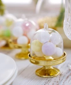 HIER_5320 Disposable Dinnerware 12 Pack | 3" Gold Mini Pedestal Cupcake Stand, Favors/Candy Display Plate With Clear Dome Lid 27 HIER_5320 Disposable Dinnerware 12 Pack | 3