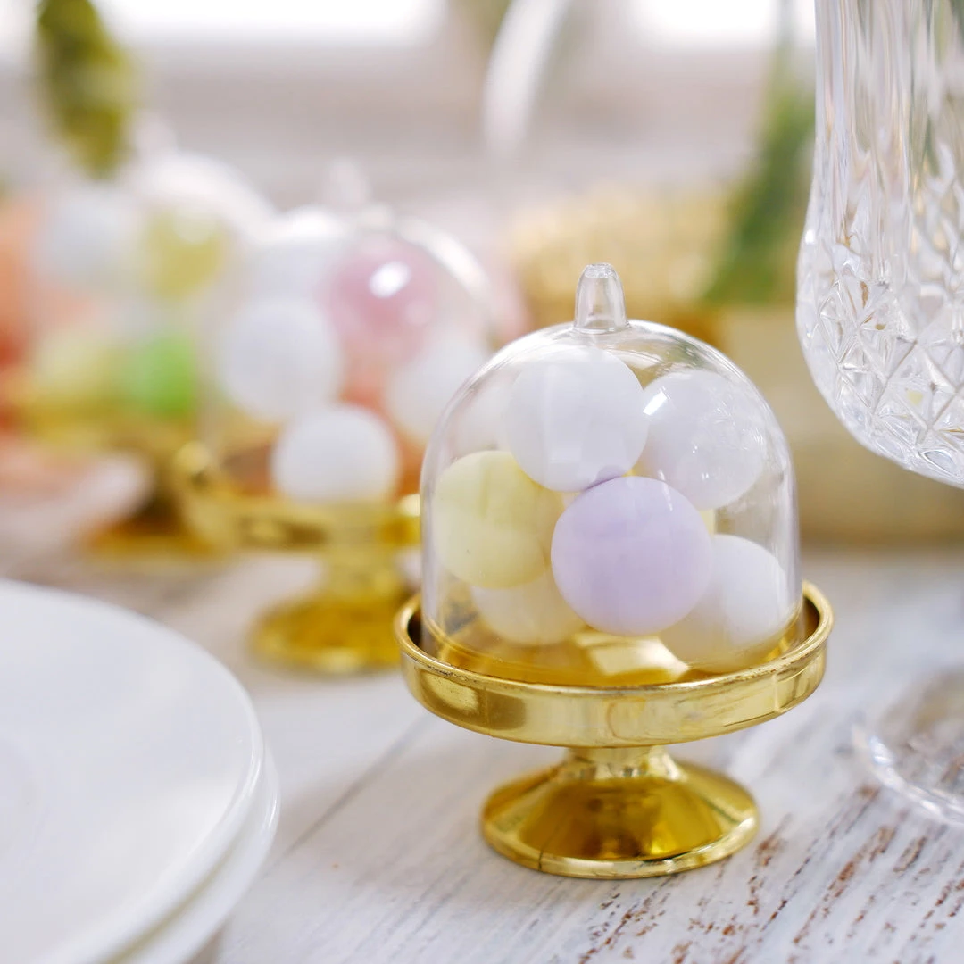 HIER_5320 Disposable Dinnerware 12 Pack | 3" Gold Mini Pedestal Cupcake Stand, Favors/Candy Display Plate With Clear Dome Lid 12 HIER_5320 Disposable Dinnerware 12 Pack | 3" Gold Mini Pedestal Cupcake Stand, Favors/Candy Display Plate With Clear Dome Lid
