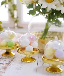 HIER_5320 Disposable Dinnerware 12 Pack | 3" Gold Mini Pedestal Cupcake Stand, Favors/Candy Display Plate With Clear Dome Lid 28 HIER_5320 Disposable Dinnerware 12 Pack | 3